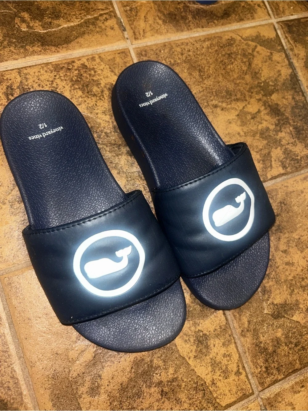 Vineyard Vines Kids Navy Blue Slide Sandals with White Whale Logo